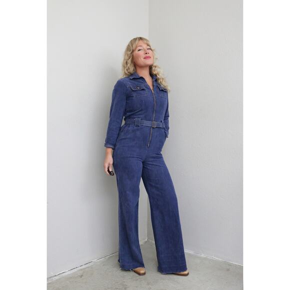 1970's Vintage Zip Up Denim Jumpsuit ~ Women's XS SM ~ Zip Up Front Wide Leg - Picture 5 of 10